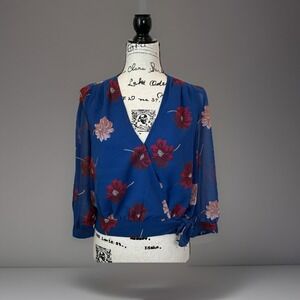 Madewell Floral Wrap Blouse Sheer Long Sleeve Top Blue Red Size S